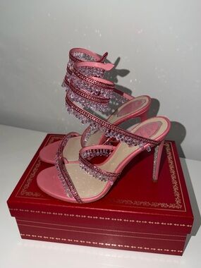 Rene Caovilla Pink Crystal Spiral-Strap Stiletto Sandals
